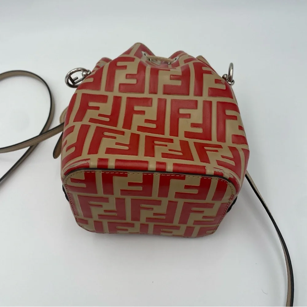 (SOLD) Fendi Monogram Embossed Beige/Red Leather Tresor Drawstring Bucket Bag - Picture 8 of 17